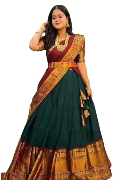 Women's Kanjivaram Silk Pure Zari Lehenga Choli Set With Blouse, Heavy Jacquard Zari Work Dupatta Traditional Unstitched Half Saree, Multicolor - Free Size