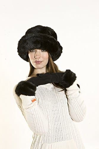 Ladies Black Faux Fur Moscow Style Cloche Hat with Matching Faux Trim Gloves