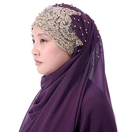 Suillty Pearl Chiffon Muslim Cap Hijab Soft Scarf Long Shawl Gold Glitters Beads