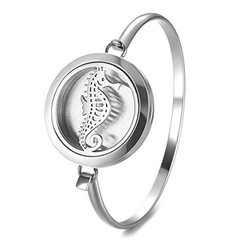 Garden Charms 316L Stainless Steel Essential Oils Diffuser Bracelet Aromatherapy Locket Bangle with 5 Color Felt Pads (Sea Horse)