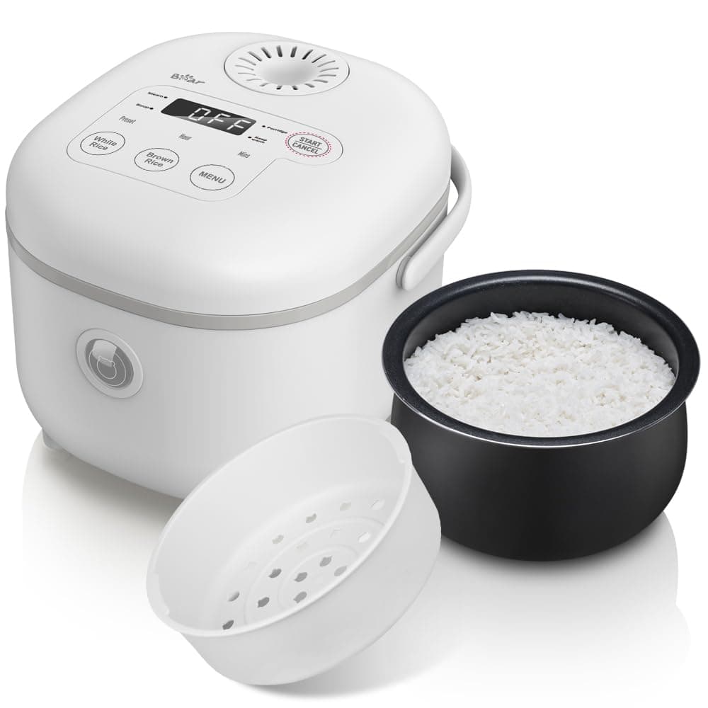 Bear 6 Multifunctional 4 Cups(Uncooked) Rice Cooker with Steamer for 1-4 People, Perfect for White/Brown Rice, Porridge, and Soup, White Rice Cooker