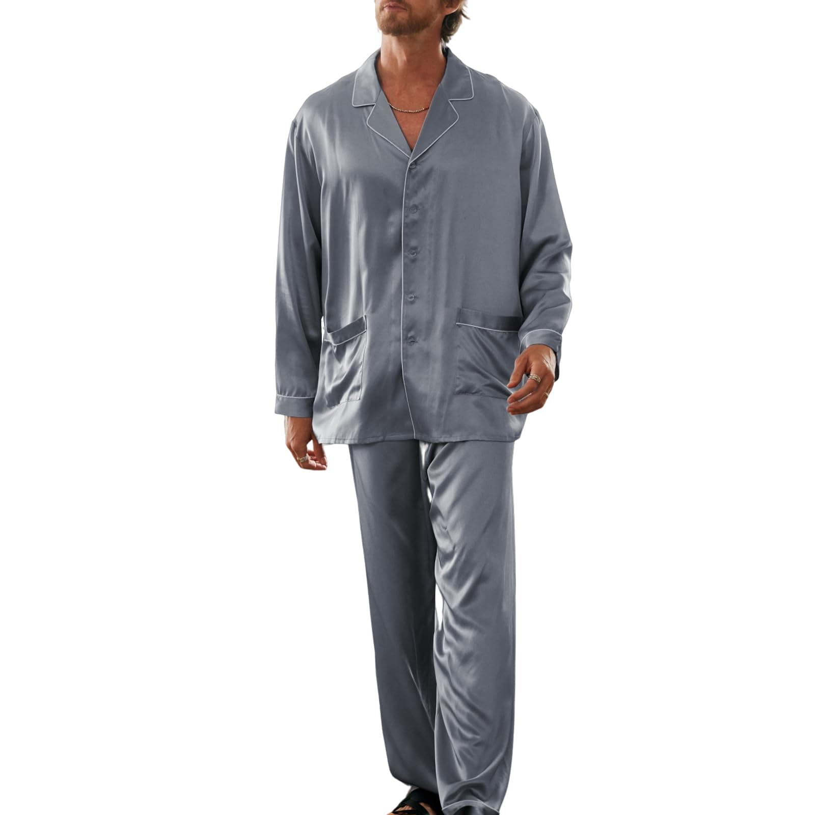 100% 19MM Mulberry Silk Pajamas for Men Soft Lightweight Mens Silk Pajama Set for Valentines Pjs