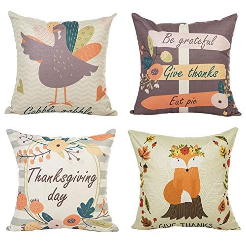 PSDWETS Thanksgiving Decorations Turkey Fox Pattern Be Grateful Give Thanks Eat Pie Pillow Covers Set of 4 Thanksgiving Decor Throw Pillow Covers Cushion Cover 18 X 18