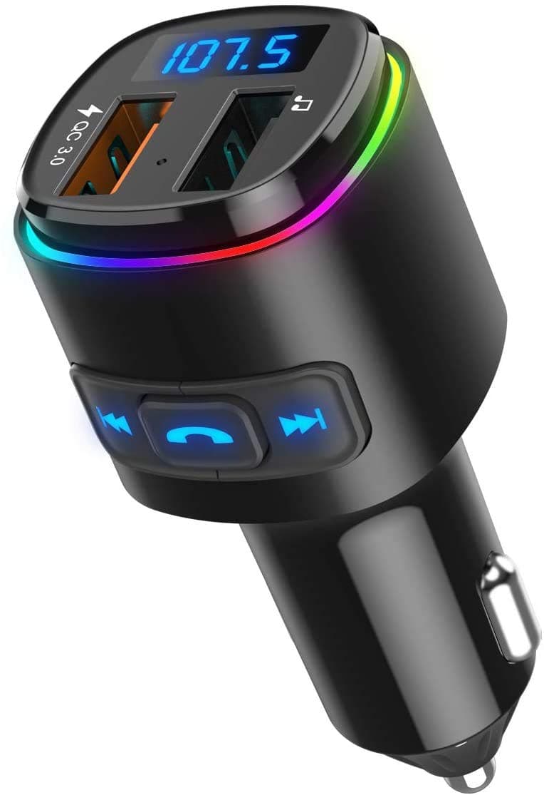 Upgraded Criacr V5.0 Bluetooth FM Transmitter for Car, QC3.0 Charge & 7 RGB Color LED Backlit Wireless FM Radio Car Adapter, Support Siri Google Assitant, U Disk, SD Card, Hands-Free Calls Kit