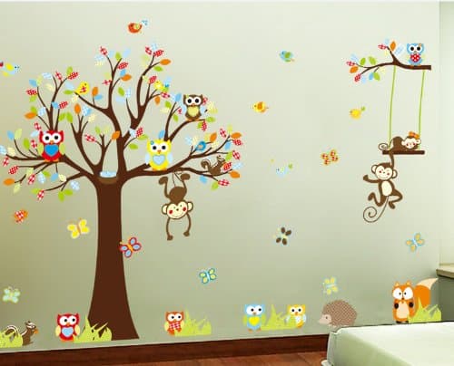 Extra Large Baby Nursery Child Bedroom 3D Wall Stickers Decal Decor Owl Tree Monkeys Fox Squirrel Birds, Butterflies and Grass Included 240cm x 150cm UK SELLER
