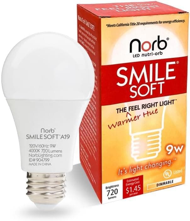 NorbSMILE Soft Full Spectrum Light Bulb. Sunlike Softer-Hue A19 Wellness LED. Boost Energy, Mood & Performance, Support Circadian Rhythm, Near-Perfect Color Rendering, Patented, US Based (1-Pack)