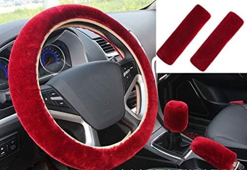 acdiac 5pcs/Set Universal Fuzzy Car Steering Wheel Cover&Seat Belt Cover&Hand Brake Cover&Gear Shift Cover Set Car Seat Cover Anti-Slip Winter Faux Wool car Interior Accessories (Wine red)