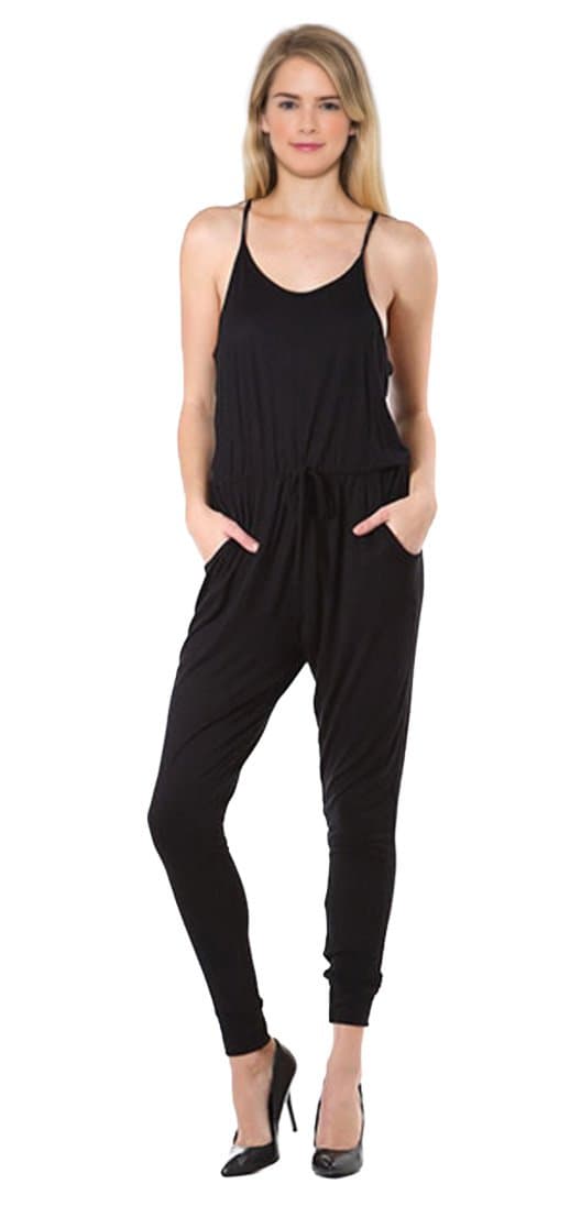 Tabeez Women's Casual Solid Blouson Spaghetti Strap Jersey Sleeveless Jumpsuit