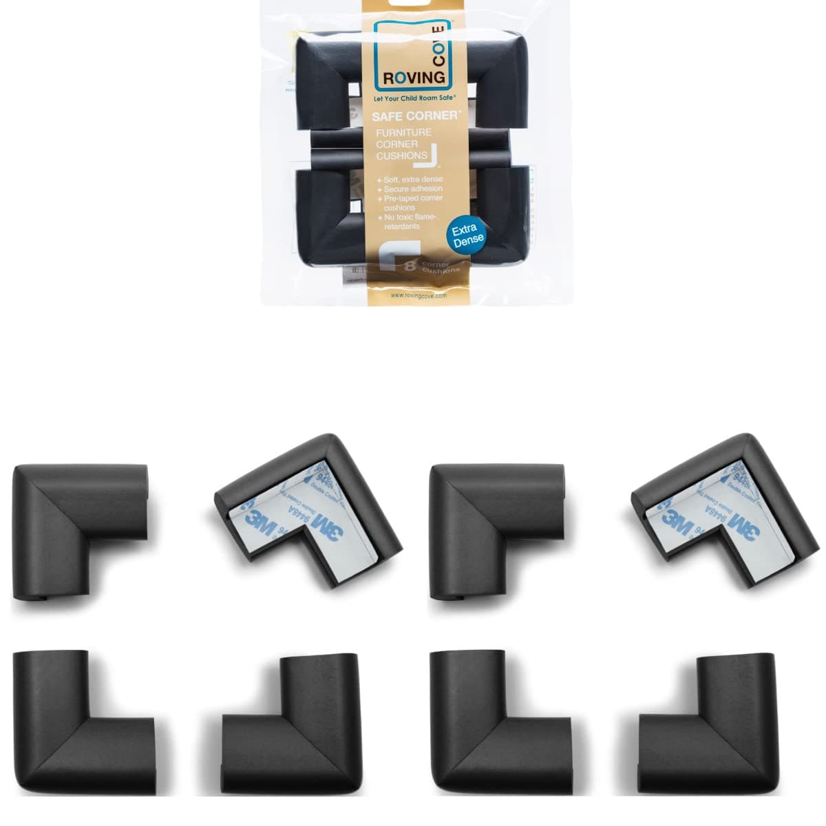 Roving Cove HeftyFit Corner Protector for Baby (8 Large Corners), Heavy-Duty Soft Rubber Foam Furniture Corner Bumper Guards, 3M Adhesive Pre-Taped, Onyx Black