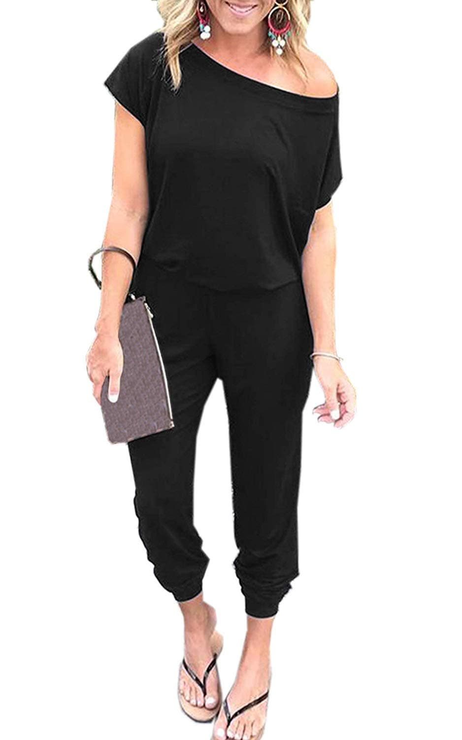 KAY SINN Womens Summer Off Shoulder Jumpsuit Casual Short Sleeve Elastic Waist Rompers