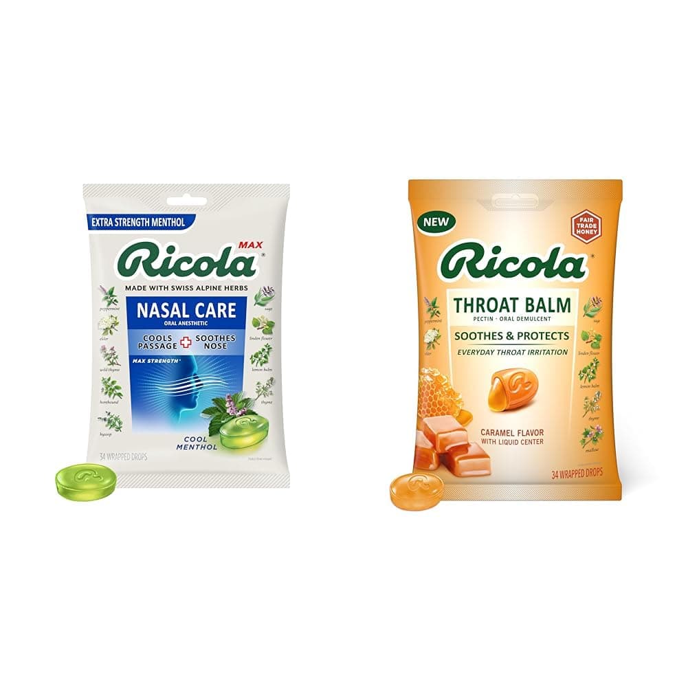 Ricola Max Cool Menthol Nasal Care Drops Large Bag & Caramel Throat Balm Drops | 34 Count Each