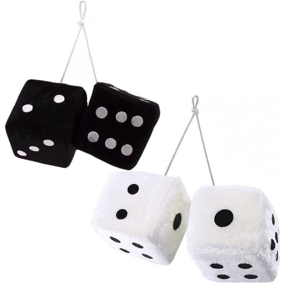 [4 Dice 2 Pack] Retro Hanging For Car Mirror Black And White (Nostalgic 80’S Fuzzy Mirror) Plush Accessories (Set Of 2)