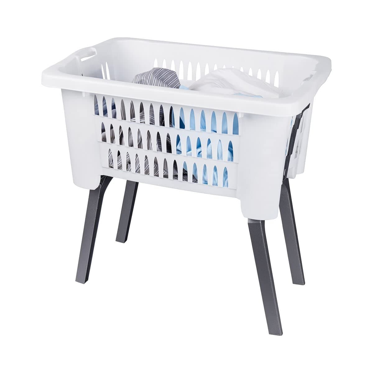 Y54980780- White Laundry Hamper Basket With Folding Legs Storage Washing Bin Plastic Helps Reduce Bending