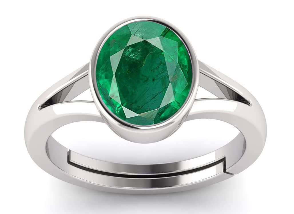 Natural Emerald 8.25 Ratti / 7.90 Carat Panna Silver Adjustable Ring for Women's and Men's (Lab - Approved)