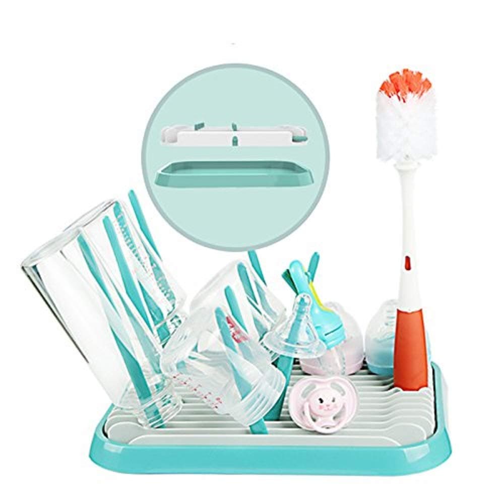 Storrianne Foldable Baby Bottle Drying Rack - Feeding Bottles Dryer for Countertop Space Saving, Large Size (Green and White)