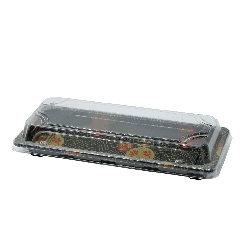 Small Black Sushi Trays with Lids 8.75 x 3.75 Inch - Disposable Sushi Packaging Box, Carry Out Container, Take Out Boxes, Black Plastic To Go Containers, Entrees, Appetizers or Desserts (50)