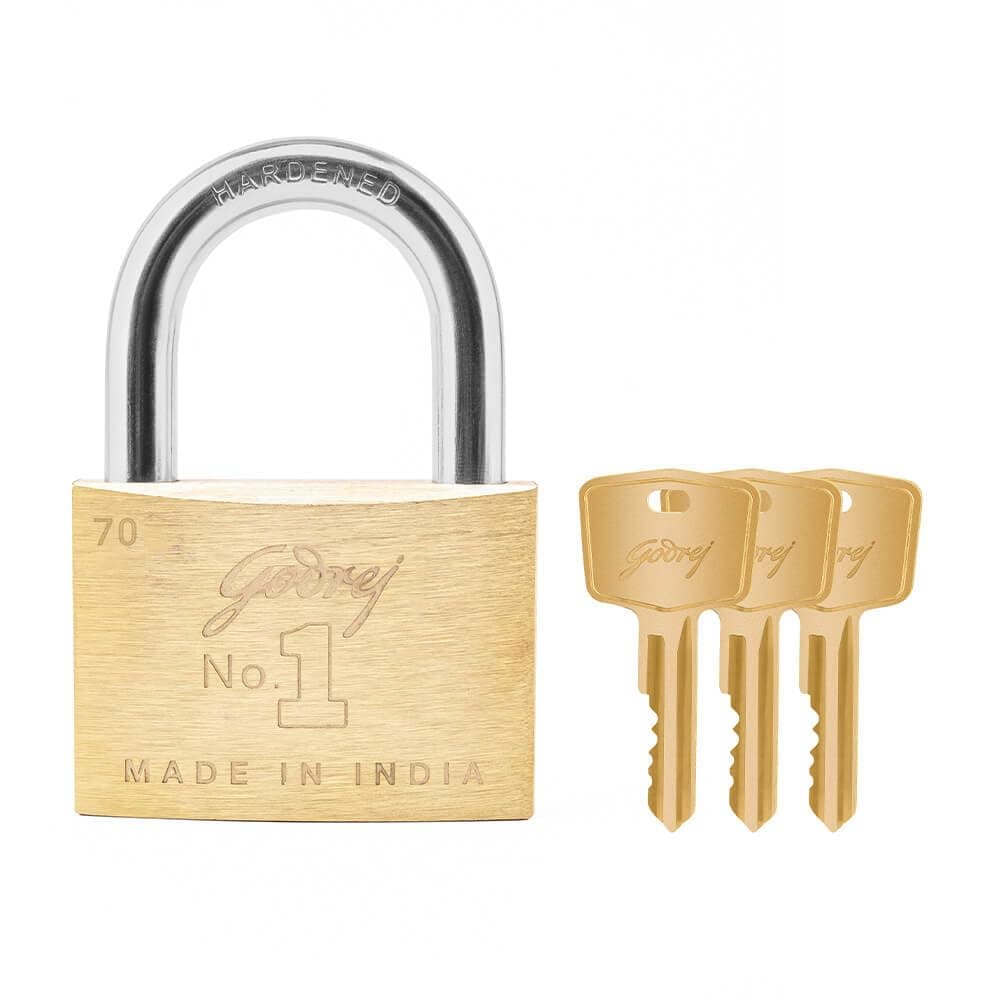Godrej Locking Solutions and SystemsNo.1 70mm Padlock for Door with 3 Keys, Solid Brass Finish Hardened Shackle Lock for Main Door (Gold, Pack of 1)