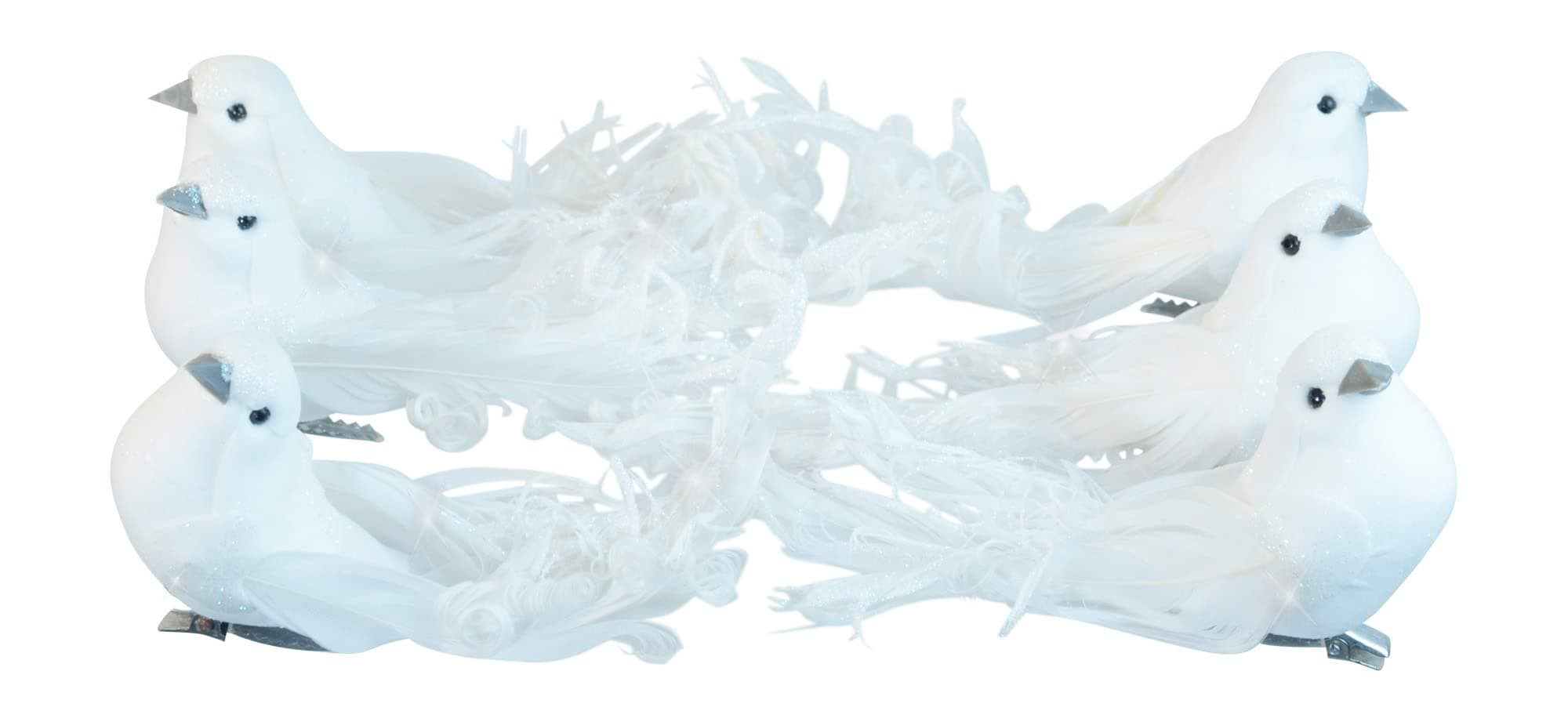 Set of 6 White Christmas Dove Ornaments with Clips,Polyester & Polyester Blend