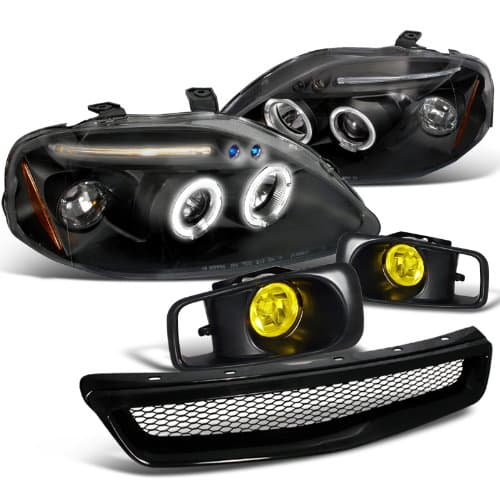 Spec-D Tuning Head Light + Yellow Fog + Mesh Grille Abs for 1999-2000 Honda Civic