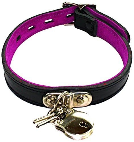 Slap Leather Small Neck Collar with Padlock in Black Leather with Hot Pink Suede Lining