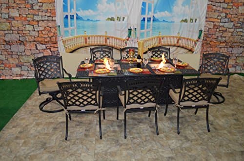 theWorldofpatio St. Augustine Cast Aluminum Powder Coated 9pc Dining Set with 44"x84" Propane Fire Pit Double Burner Dining Table with Sunbrella Cushions - Antique Bronze