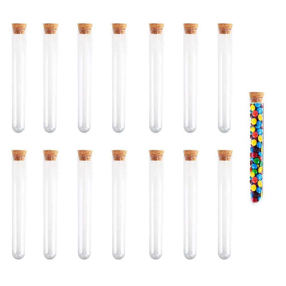 KINDPMA 15 Pcs 30ml Plastic Test Tubes 20X150mm Lab Tubes Candy Tubes with Cork Stoppers Glass Vials for Bath Salts for Scientist Nerds Party Halloween Wedding Party Decor