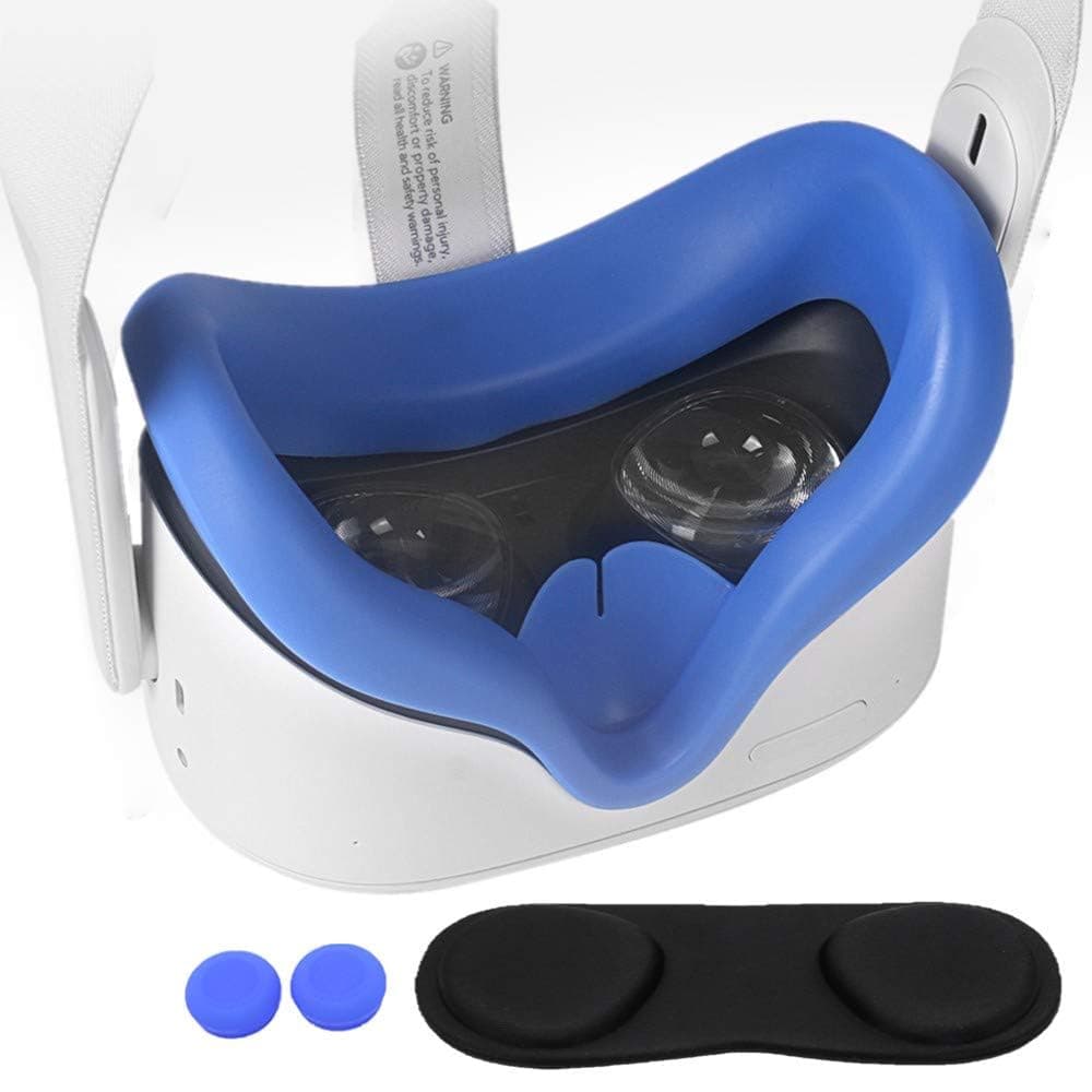 TNE Face Cushion Cover, Lens Pad, Thumbstick Cap for Oculus Quest 2 | Silicone Face Cover, Lens Dust Protector, Controller Thumb Grip Accessories for Quest 2 Virtual Reality VR Headset (Blue)