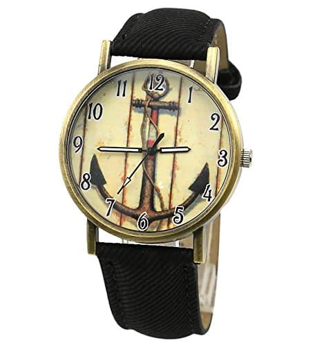 Soulvin Unisex Retro Charm Canvas Watch PU Belt Anchor Print Wrist Bracelet Watch Black