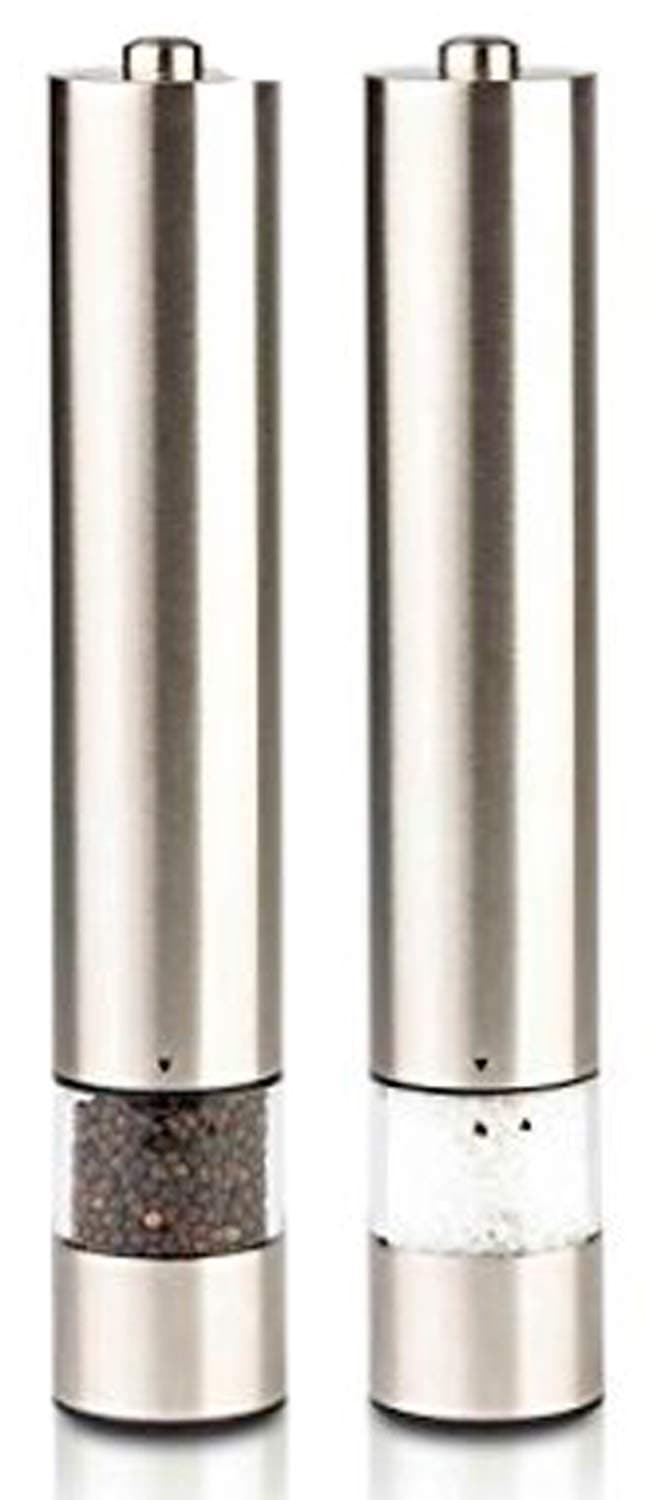 SANS Elegant Living Automatic Salt and Pepper Grinder Set - Battery Operated | One Hand Push Button Operation | LED Light | Adjustable Coarseness | 12"Tall - (Pack of 2 Stainless Steel Mills)