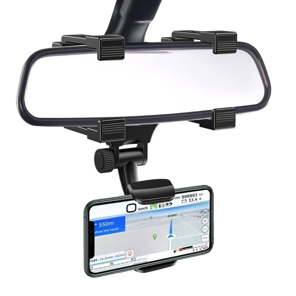 VAGURFO Rear View Mirror Car Mount Phone Holder Stand with 270° Swivel and Adjustable Clips (Black)