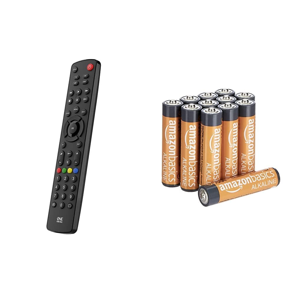 One For All URC1240 Contour Universal 4 in 1 Remote Control, Black, 2.0 cm*22.3 cm*4.4 cm & Amazon Basics AAA Alkaline Batteries, High-Performance (Triple A), 10-Year Shelf Life, 12-Pack
