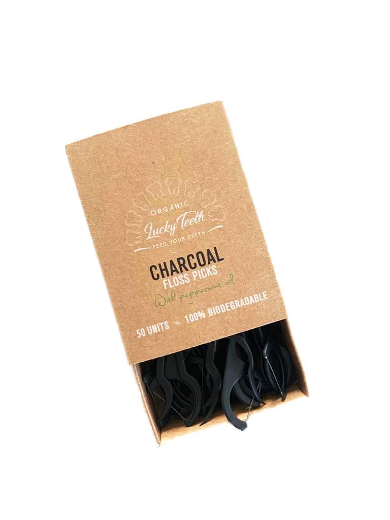 Improved -Biodegradable Activated Charcoal Floss Picks with Organic Peppermint Oil, Plastic Free. Zero Waste - 50 Unit