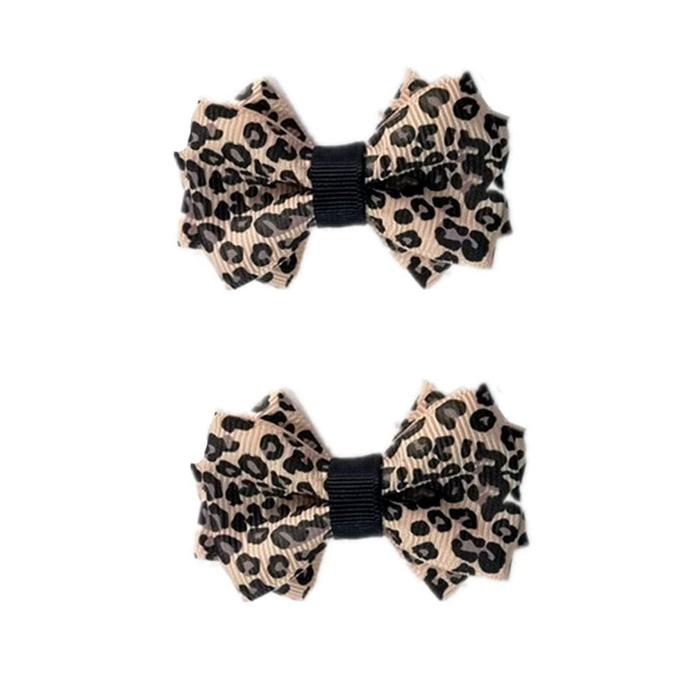 Pair Leopard Polka Dot Satin Fabric Double Bow Shoe Clips Vintage Style 2.8inch