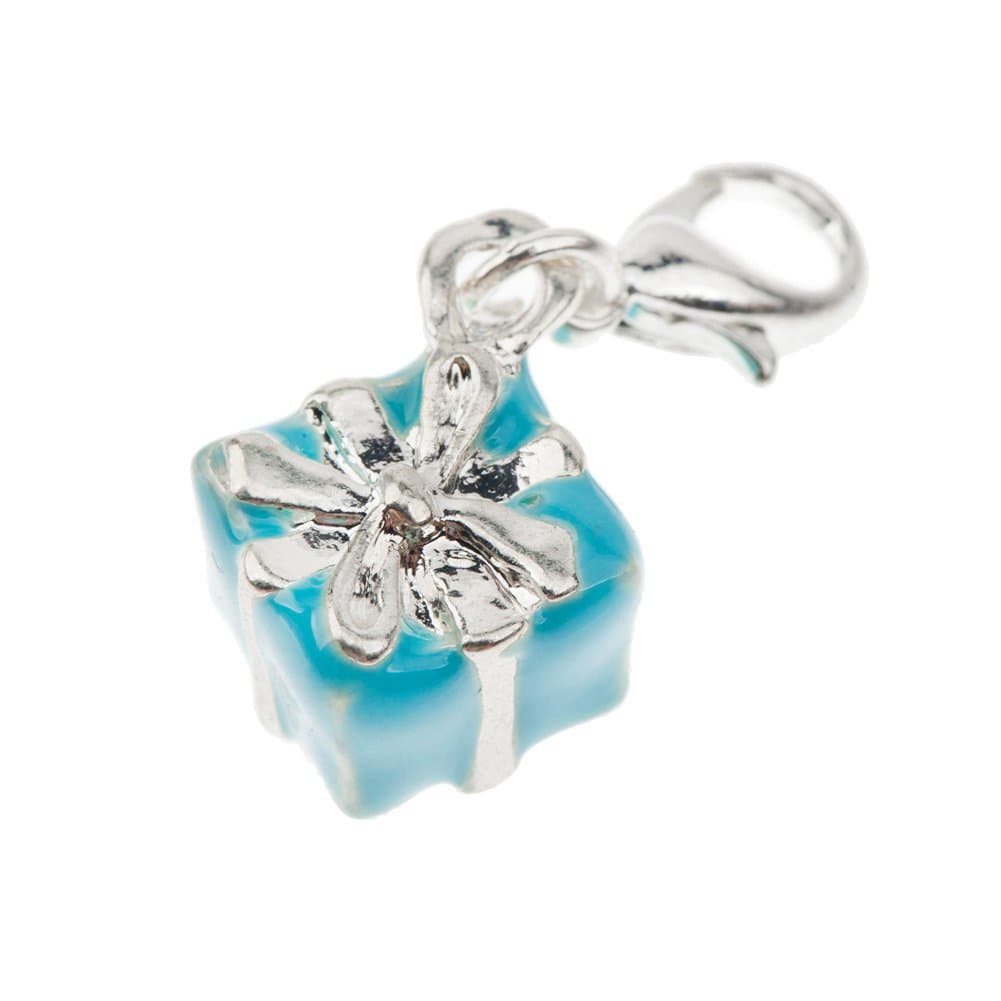 Fantastic Blue Gift With Silver Colored Ribbon Shaped Clip On Pendant Charm For Bracelets Bangles By VAGA