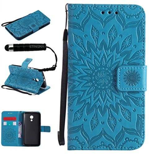 Moto G2 Case, Stingna Sunflower Design PU Leather Stand Wallet Phone Case Cover Card Holder For Motorola Moto G 2nd Generation & Free Gift (BLUE)