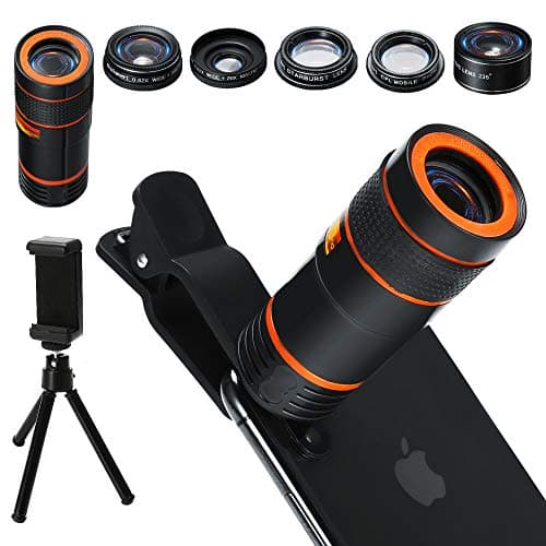 6-in-1 Cell Phone Camera Lens Kit, 12x Telephoto Zoom Lens, 0.62x Wide Angle & 20x Macro, 235° Fisheye, Starburst, and Professional CPL Lens+ Phone Holder & Tripod for iPhone X/8/7/6/6s, Android,