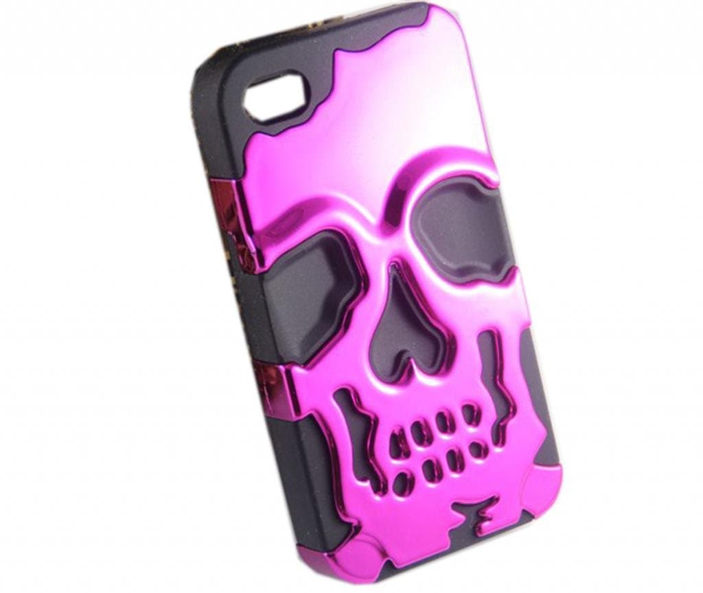 DE New Fashion Plastic + Silicone Tuff Dual Layer 2-Piece Hybrid Design Hot Pink Skull Style Protective Shell Classic Hard Case Cover Compatible for Apple iPhone 4 4G 4S