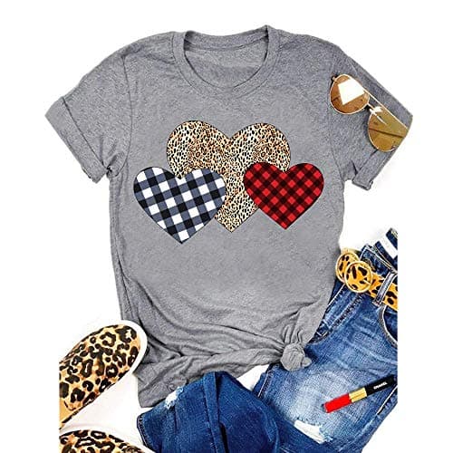 SurBepo Womens Valentine's Day Funny Buffalo Plaid Leopard Love Heart Printed Shirts Short Sleeve Graphic Tees Blouse Tops (C-Grey, XL)