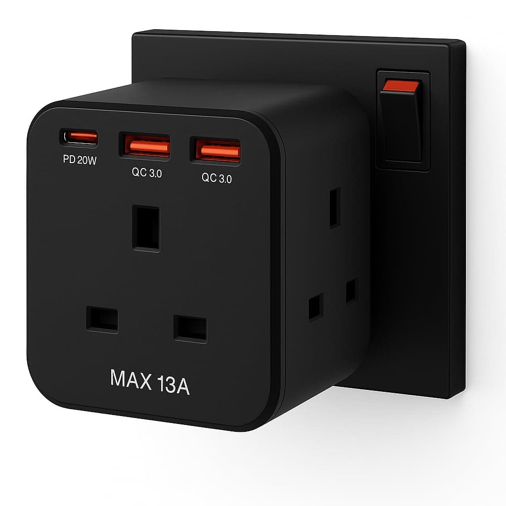 6-in-1 Multi Plug Adapter with USB-C Fast Charging, 20W Wall Power Socket Extension Multiplug Cube with 3 Way AC Outlet Extender & 3 USB Ports for Home, Office & Travel – Black