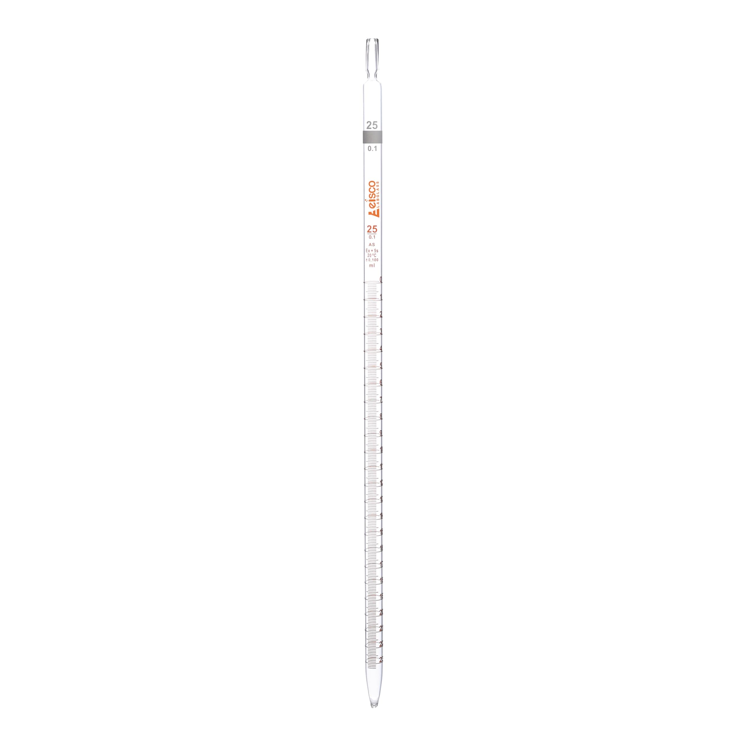 Pipette, 25ml - Class AS, Tolerance ±0.100ml - Amber Graduation - Color Code, White - Borosilicate Glass - Eisco Labs