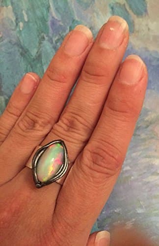 Brilliance. Fire Opal Ring Silver Plated Setting. Raw Opal Ring w Rainbow Fire in Sculpted Clay. Natural Stone Ring. Unique Rings for Her.