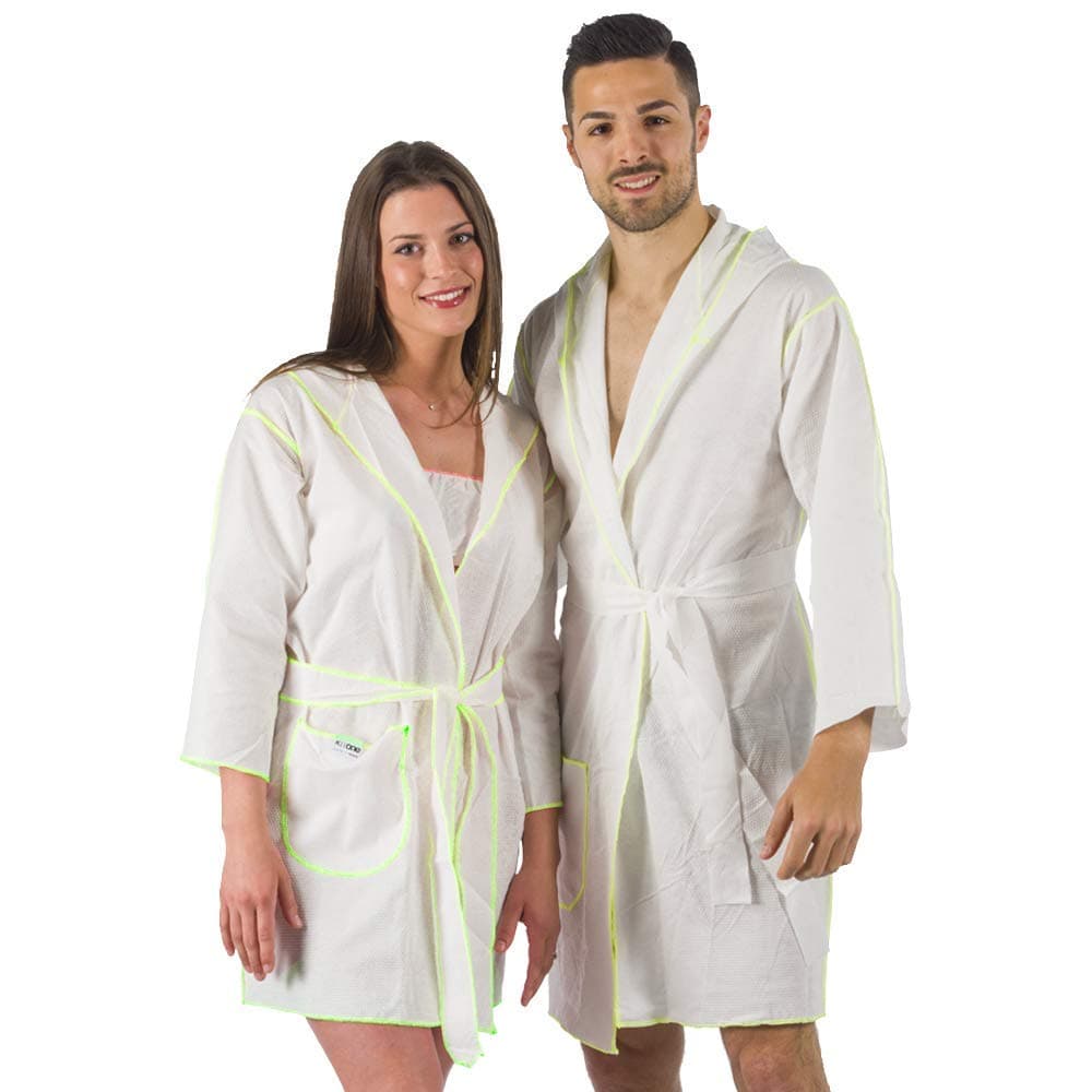 1 Disposable Bathrobe In Soft Ecological And Biodegradable Viscose 100% Ecofriendly Reusable Absorbent And Resistant with Bright Yellow Seams Unisex Size M Made in Italy