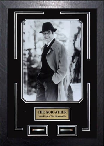 The Godfather Movie Memorabilia Al Pacino as Don Michael Corleone Framed Movie Photo, Plate, Bullets Custom Made Real Wood Modern Charcoal Frame (13 x 17)