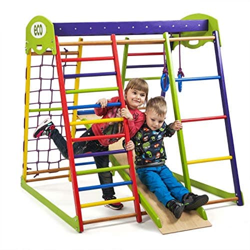 Wooden Playgrounds "Unga" Home Gymnastic, Wood Indoor Jungle Gym Sets, Climbing Kids, Indoor Children Playground, Baby Play Area Complete with Climbing Ladder Slide Rings & Swing, Sport