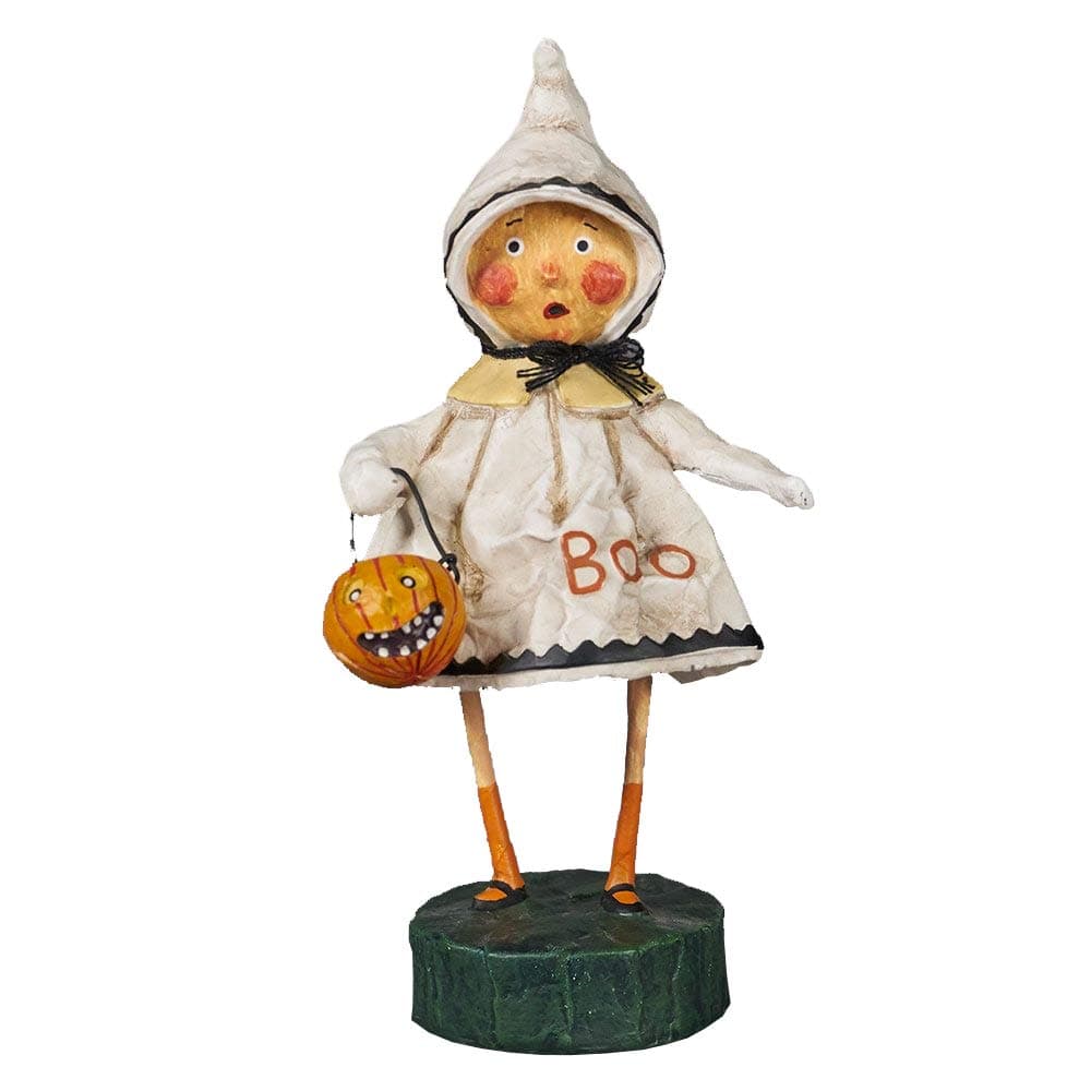 Small Little Boo Halloween Figurine by Lori Mitchell – 7" Hand-Painted Poly Resin Ghost with Jack-O-Lantern Bucket – Whimsical Vintage-Inspired Decor