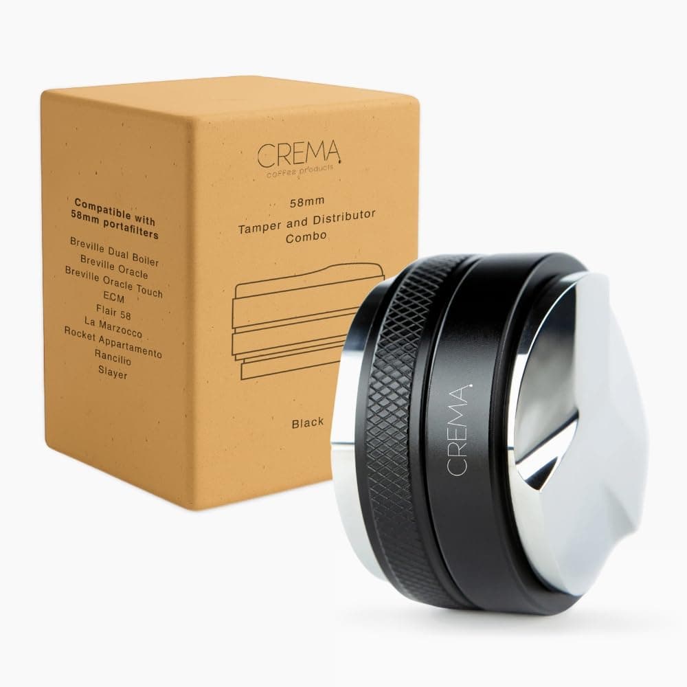 CREMA Coffee Products 58.5mm Hand Tamper & Distributor | Compatible with any 58mm | Double-Sided, Adjustable Depth Tool | Made with Durable 304 Stainless Steel | Black