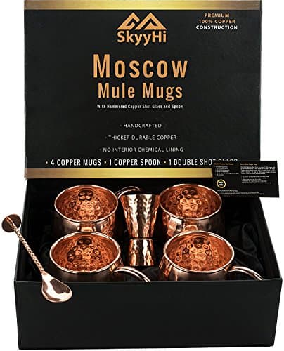 Set of 4 Moscow Mule Copper Mugs Gift Set (Premium 1/2 LB Each!) with Jigger Shot Glass and Spoon – Four 18 Oz Copper Moscow Mule Mugs – Solid 100% Copper Hammered Mug – Copper Cups for Moscow Mules