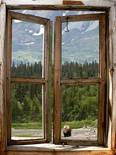 JP London CWPOSLT7022 uStrip Lite Removable Wall Decal Sticker Window Mural Bear Forest Rustic Cabin View, 24-Inch x 18-Inch