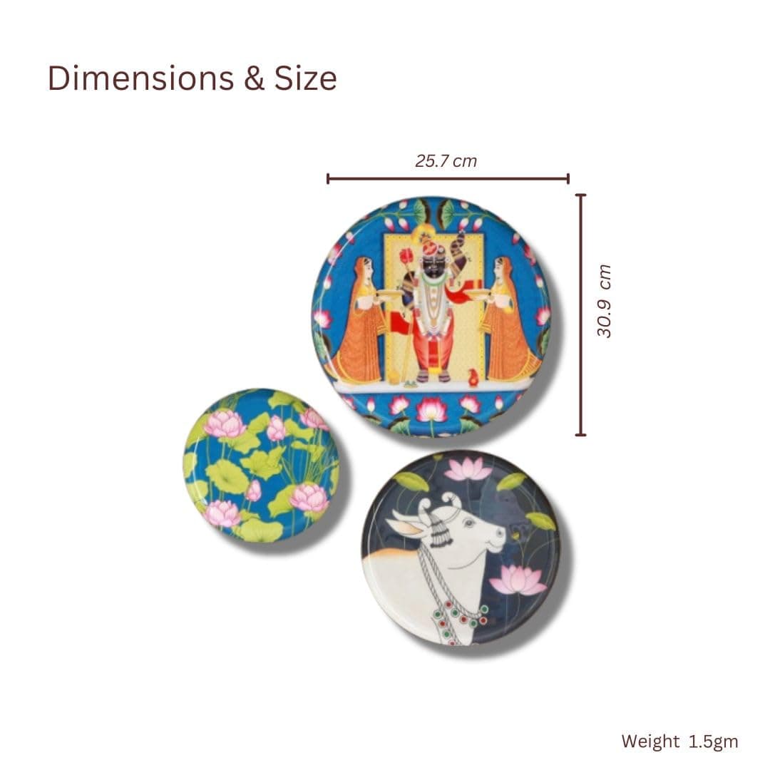 RITUALISTIC Pichwai Iron Wall Art Plates – Set of 3 Decorative Plates | Indian Wall Art for Home Decor | Wall Decor for Living Room & Bedroom | Handcrafted Metal Wall Hanging | Indian Decor Accent