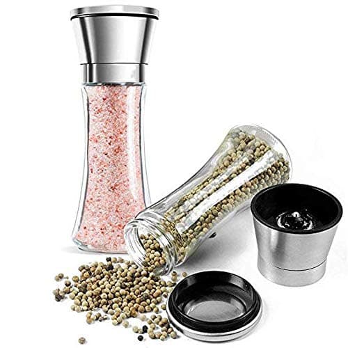 Susous Salt and Pepper Grinder Set with Stand- Premium Stainless Steel Salt & Black Pepper Mill with Himalayan Salt Glass Cases- Seasoning Refillable Ceramic Shaker with Adjustable Coarseness